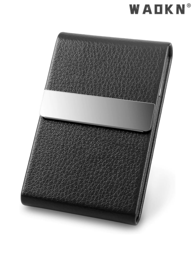 WAOKN Business Card Holder, PU Leather Business Card Case Pocket Card Holders for Men or Women, Metal Slim Name Card Holder RFID Blocking Business Card Carrier with Magnetic Closure, Black - Image 1